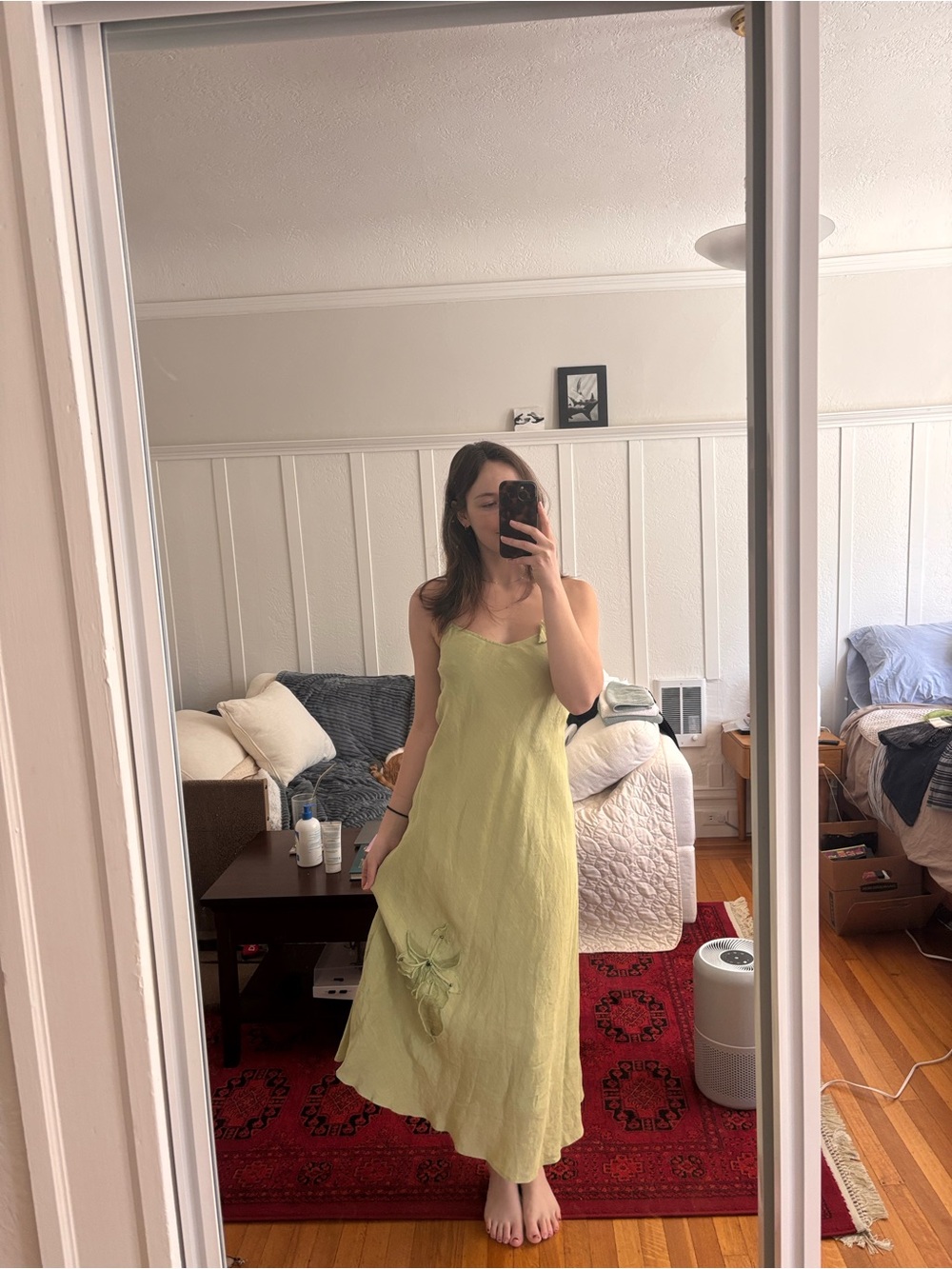 Linen-Blend Slip Dress in Light Green
